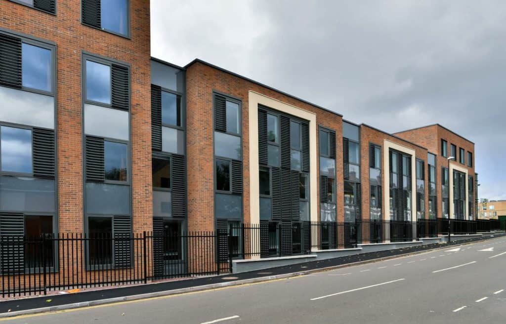 Student accommodation building at Coventry University with integrated aluminium louvre systems fitted to the facade