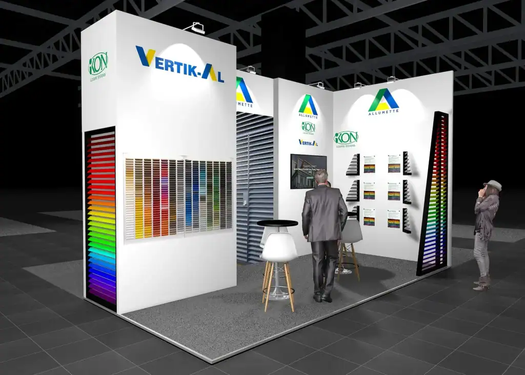 3D visual of the Allumette Group FIT Show stand featuring IKON Aluminium Systems and Vertik-Al product displays and colour samples