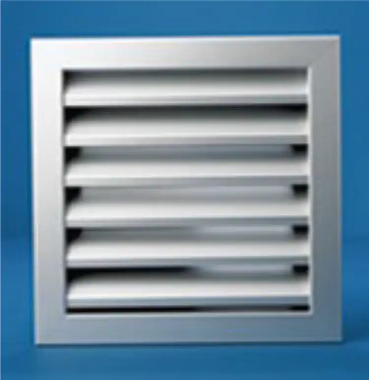 White IKL50 hinged aluminium louvre panel with horizontal blades designed for side hung access and ventilation