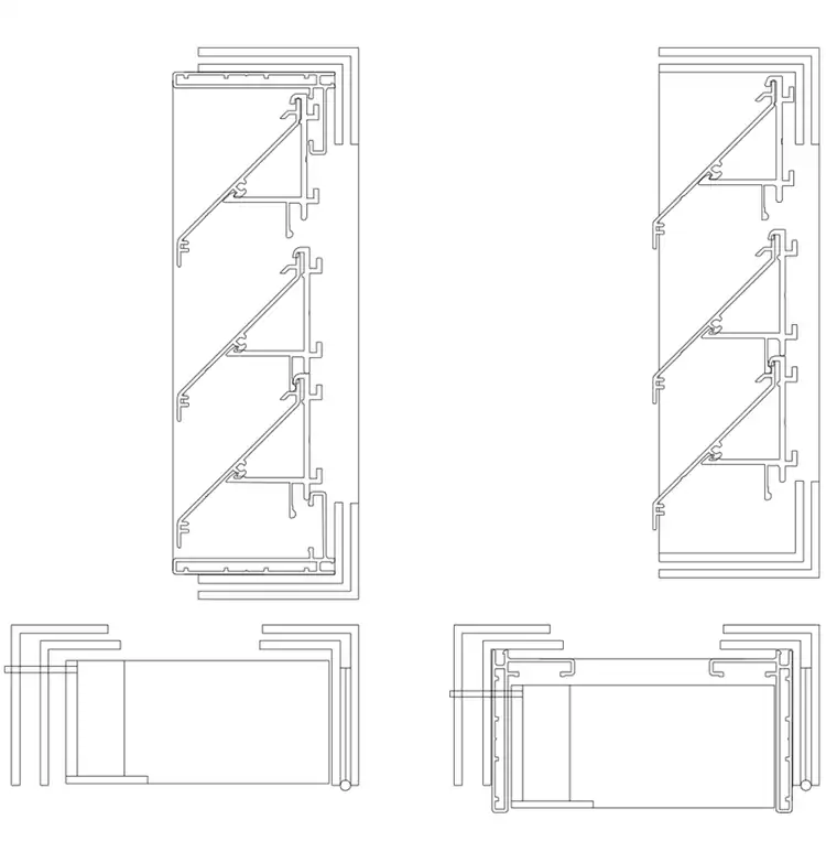 Technical drawing of IKL50 hinged louvre panel showing section and plan details for side hung opening configuration