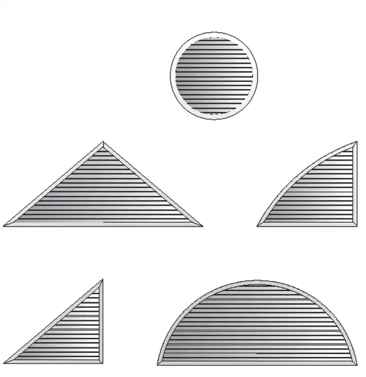Examples of custom shaped aluminium louvres including circular, triangular and arched designs