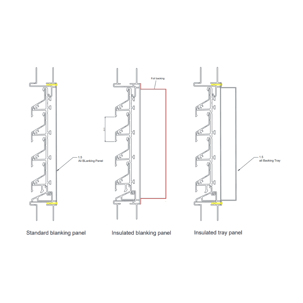 Technical diagram of louvre backing panel options including standard blanking, insulated blanking and insulated tray panel systems