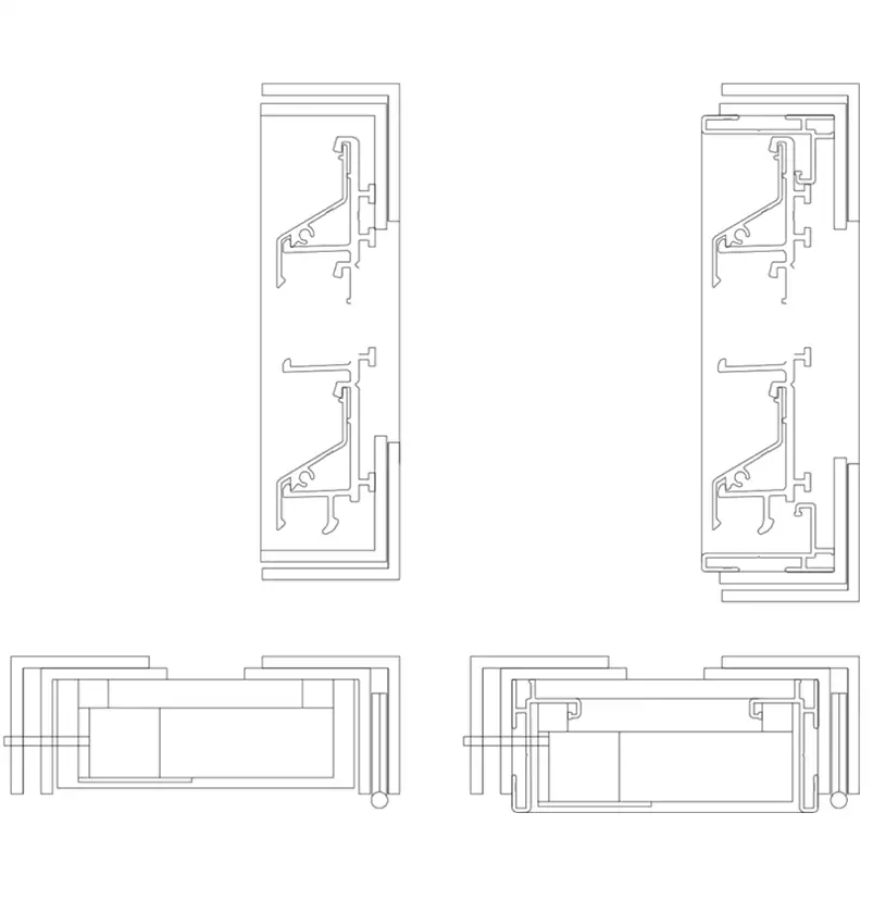Technical drawing of IKL33 hinged louvre showing side hung opening panel detail, frame profile and blade arrangement