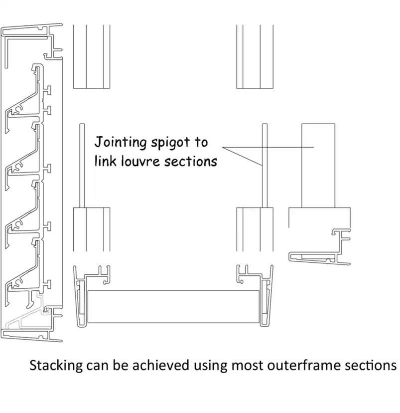 Technical drawing of IKL33 stackable louvre showing jointing spigot detail used to connect stacked louvre sections