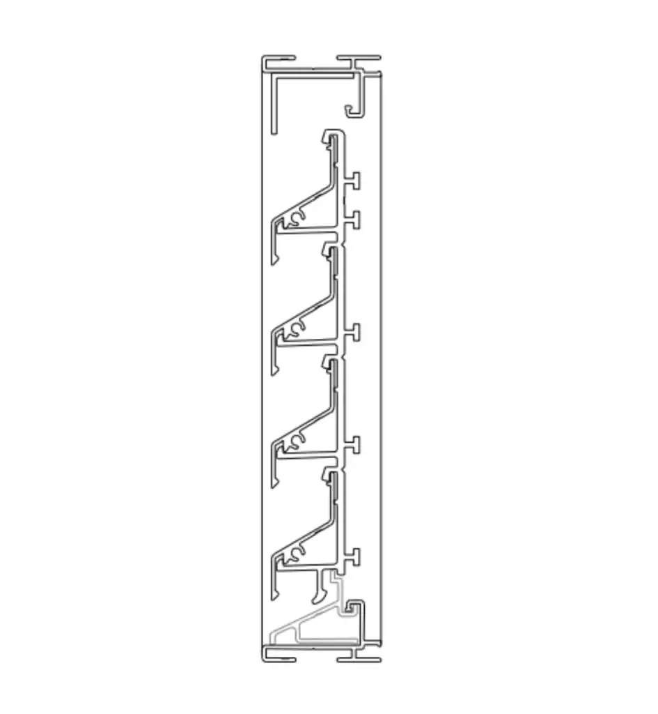 Technical cross section of IKL333 rebate frame louvre showing 34mm blade centres, 60 degree blade angle and aluminium frame profile