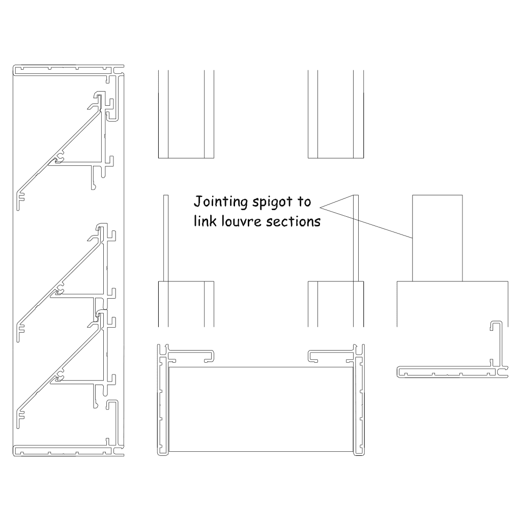 Technical drawing of the IKL50 stackable louvre system showing section details and jointing spigot connections