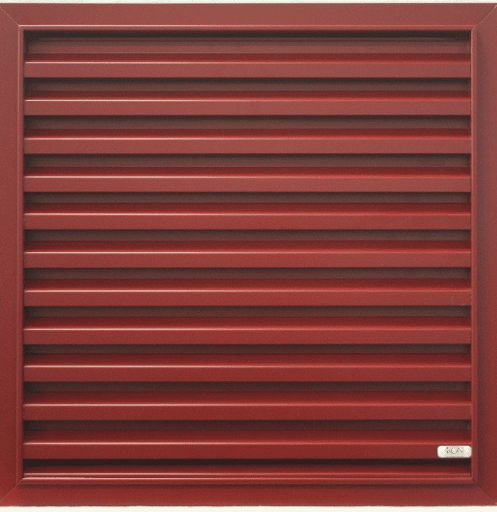 IKL336 structurally glazed louvre system in red, integrated into a glazed facade