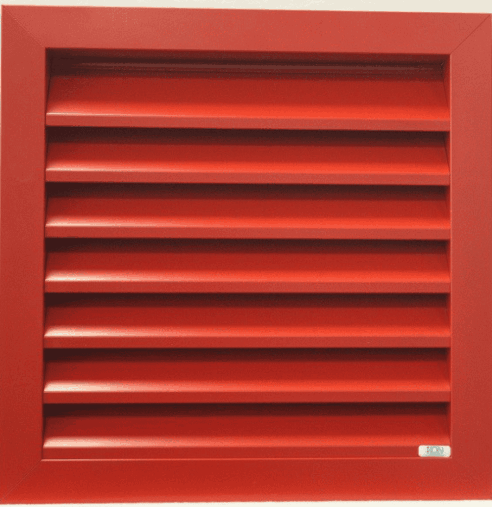 Red aluminium IKL501 flange frame louvre with horizontal blades angled at 45 degrees for airflow and weather protection